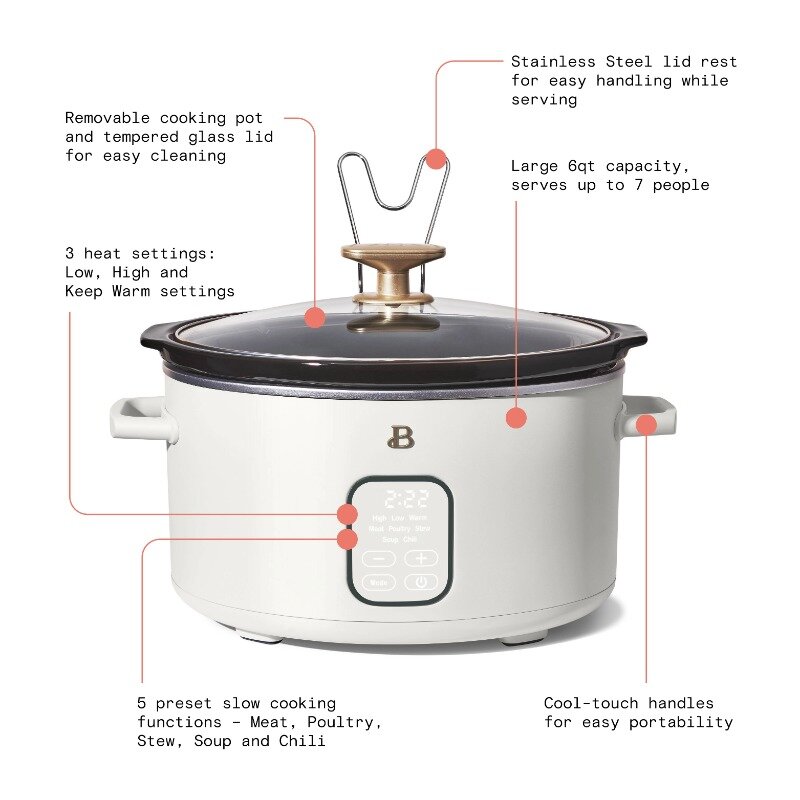 Beautiful 6 Quart Programmable Slow Cooker, White Icing by Drew Barrymore