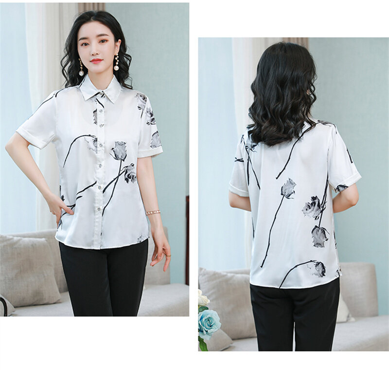 Faniecas-camisas de satén con estampado de flores para mujer, blusa blanca de manga corta con cuello vuelto, elegante