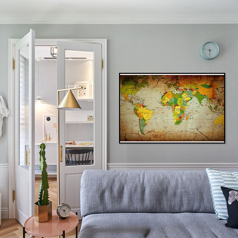 Холщовая картина с картой мира 59*42 см, постеры и принты из нетканого материала, домашний декор для гостиной, школьные принадлежности