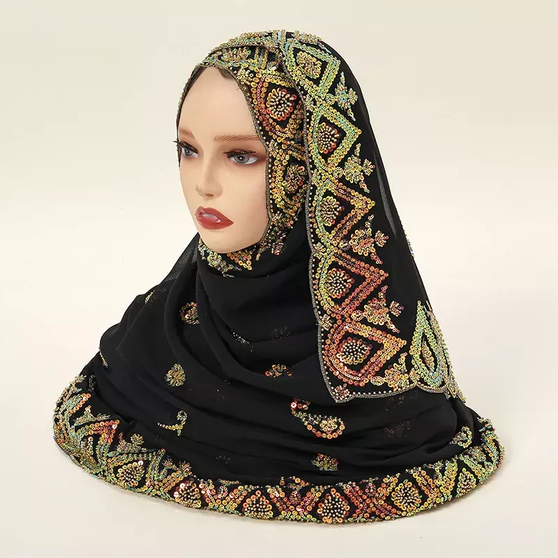 Rhinestone Diamond Bubble Chiffon Shawl For Muslim Women Solid Color Hijab Wrap Ladies Party Long Scarf Paisely Glitter Headband