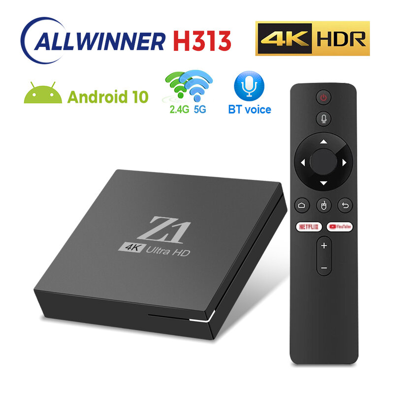 Z1 ATV TV 박스 스마트 TV 박스, 안드로이드 10, 올위너 H313 지지대, 4K AV1 2.4 및 5G 와이파이 BT, 구글 보이스 리모컨 포함, 2GB RAM, 16GB ROM