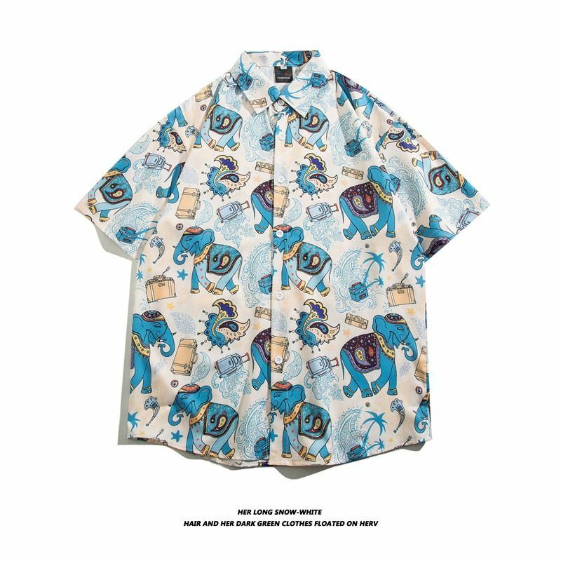 Camisa masculina de manga curta vintage, camisa solta de verão, estilo fino casual e bonito, estampada, 2024