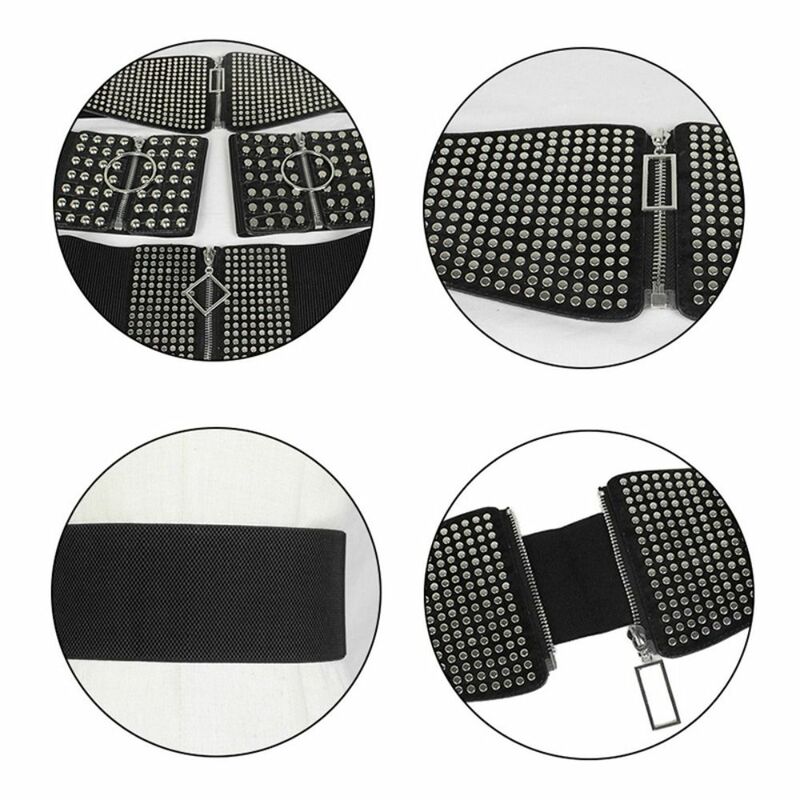 Fashion Rivet Elastic Cummerbund Belt Knitted Black Wide Waistband Slimming Body High Waist Ladies Zipper Waist Belt Decorative