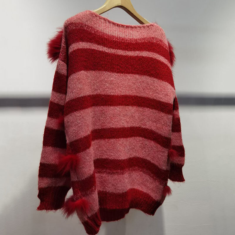 Sweter Pullover rajut panjang wanita, dengan garis bulu rubah asli longgar leher O lengan panjang musim gugur hangat jumper tarik rajut wanita