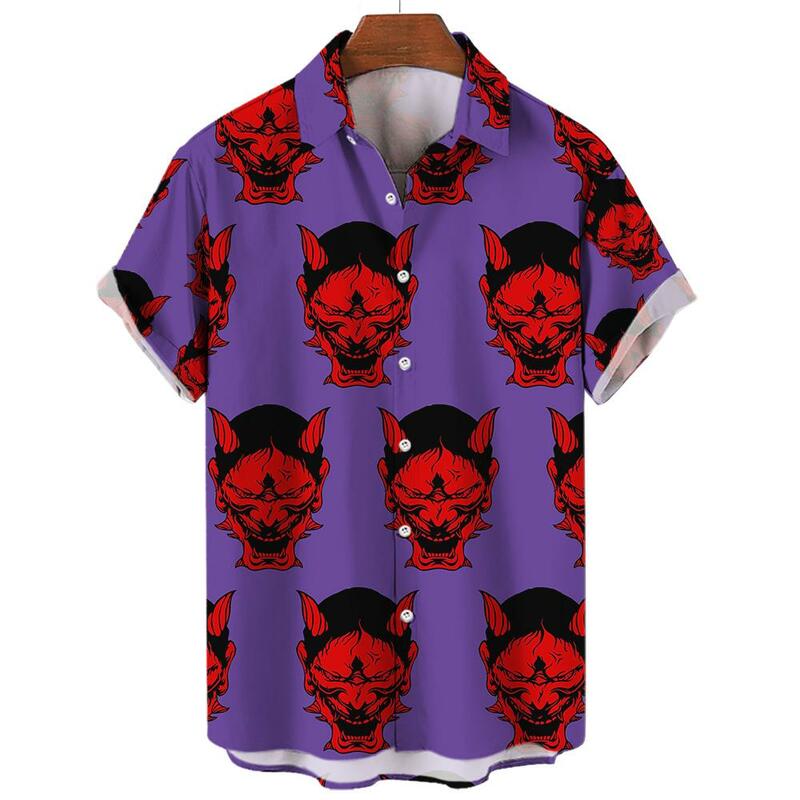 Summer Mens Hawaiian Casual Collar Shirts Short Sleeve Button Skeleton Demon Print Beach Floral Fashion Vintage Clothing XS-5XL