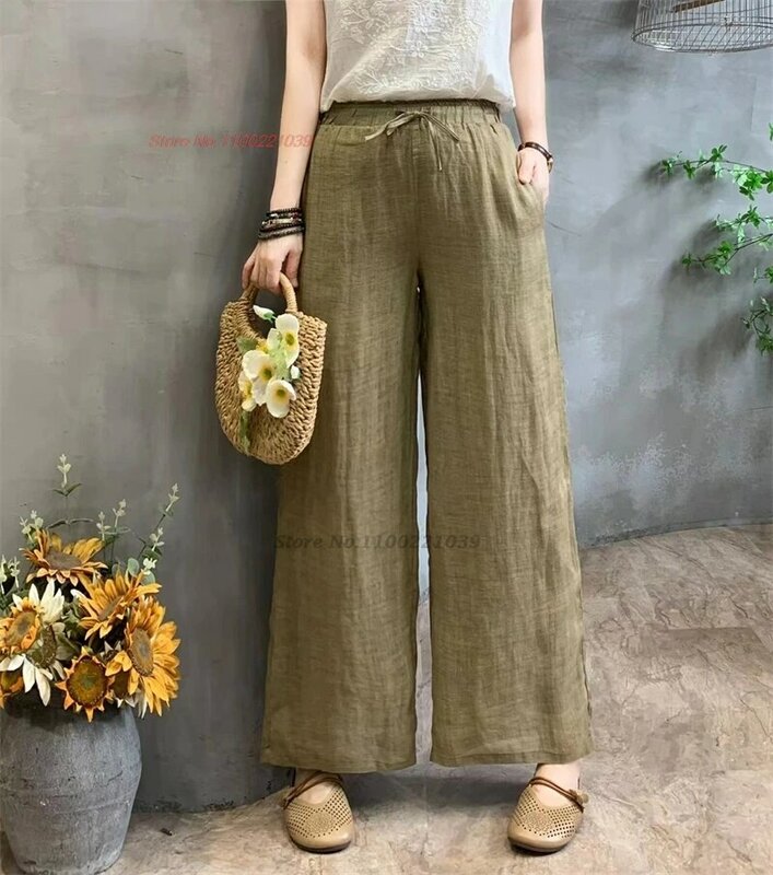 Pantalones vintage chinos para mujer, pantalón NACIONAL DE LINO 2024, holgado, transpirable, de doble capa, pierna ancha, pantalones folclóricos étnicos, 100%