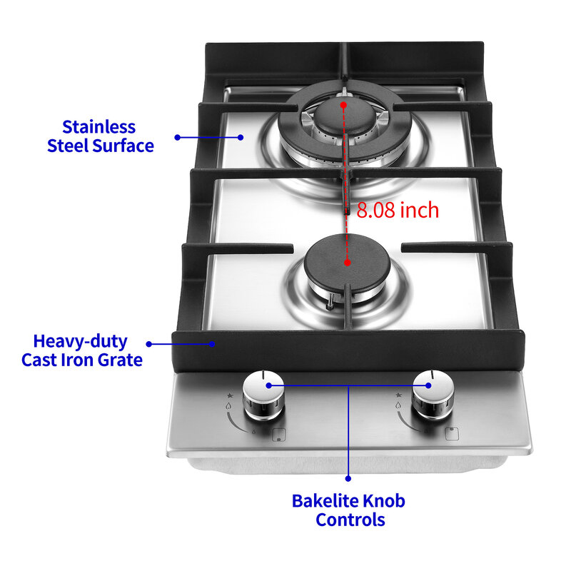 Tieasy 12 inch 2 Burner Bulit-in Stainless Steel Gas Cooktop with Thermocouple Protection GC001-122S