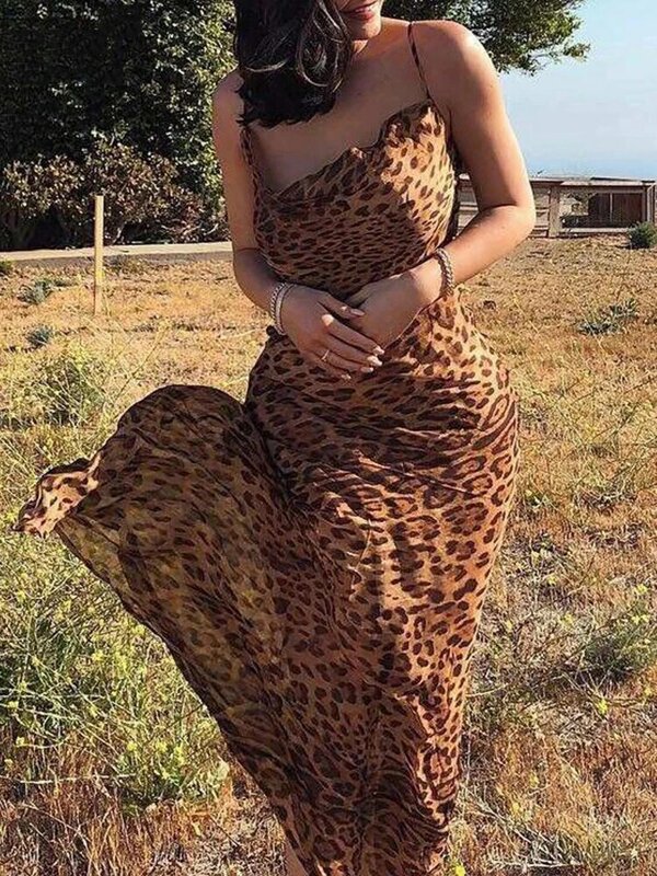 Julissa Mo Leoparden muster V-Ausschnitt sexy Bodycon langes Kleid Frauen schnüren rücken freie Sommerkleider weibliche Träger Party Strand Vestidos