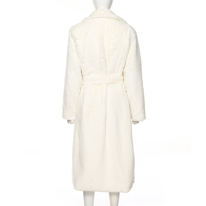 Manteau Long en Fausse Fourrure pour Femme, Couleur Unie, Blanc, Moelleux, Chaud, Capuche, Ceintures à Revers, Mode Coréenne, 2021