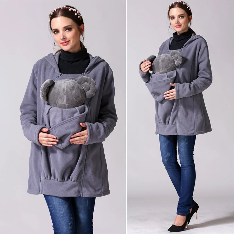 Jaket ibu hamil, baju ibu hamil jaket tebal gendongan bayi musim dingin bulu domba kanguru kecil mantel bongkar pasang Panel bayi hoodie ibu hamil