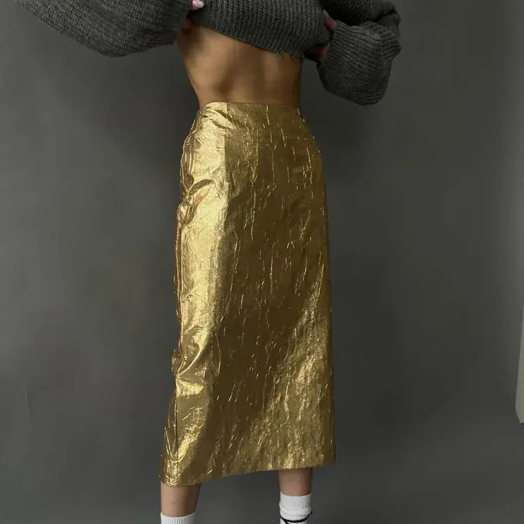 Rok wanita emas ramping, pakaian perempuan elegan pinggang tinggi Midi Streetwear Vintage 2023