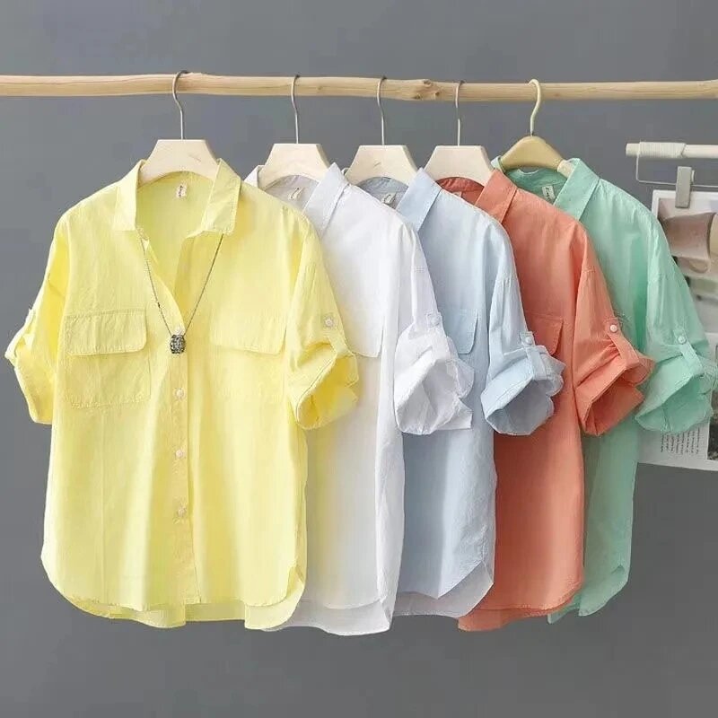 Однотонная женская рубашка из чистого хлопка с коротким рукавом, Новинка лета 2024, однобортные рубашки, женские короткие Блузы