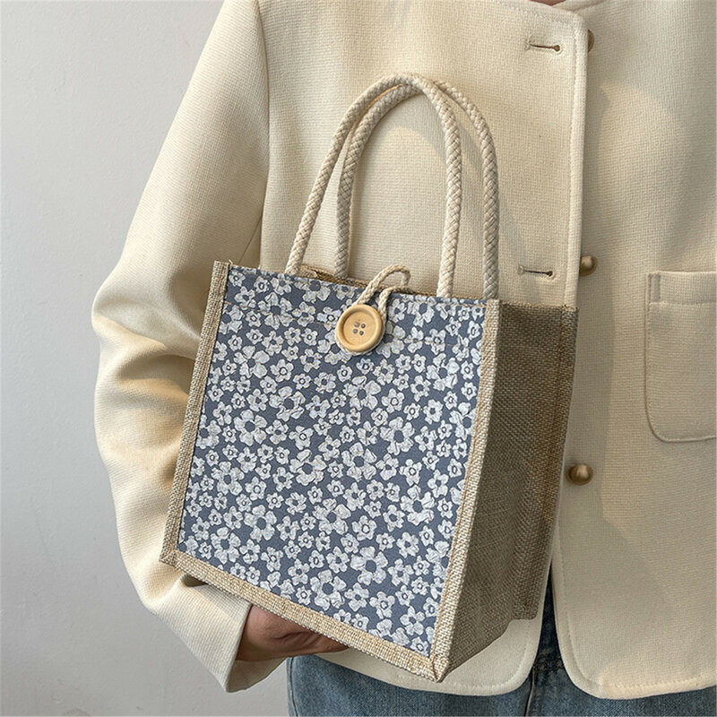 Bolso de mano con cremallera y botón de lino para mujer, bolsa de embalaje con patrón de flores, bolsa de comestibles grande, bolsa de almuerzo portátil de playa, nueva moda