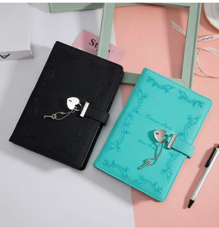 Buku catatan dengan kunci berbentuk hati A5 Pu Notepad buku harian buku catatan siswa alat tulis bisnis rapat kantor buku catatan
