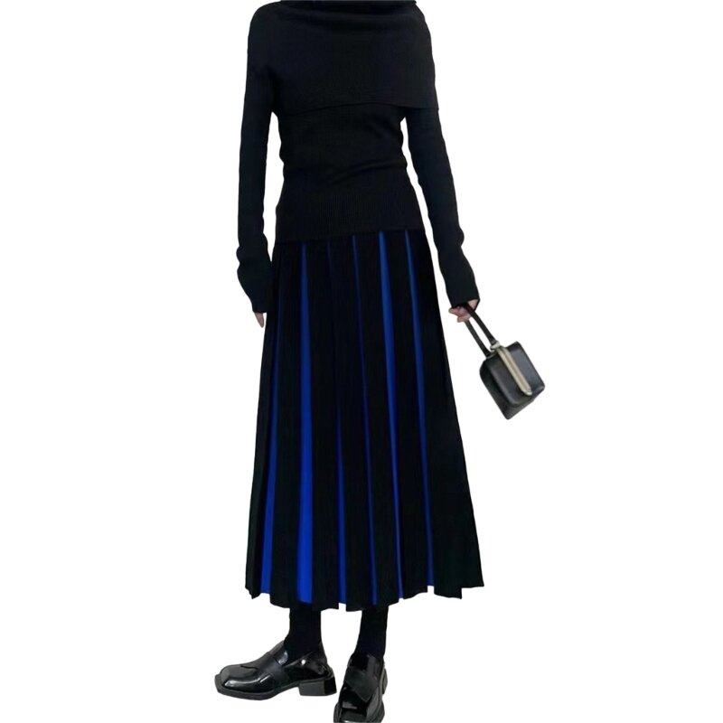 Womens Winter Fall High Elastic Waist Colorblock Pleated Midi Long Knitted Skirt N7YD