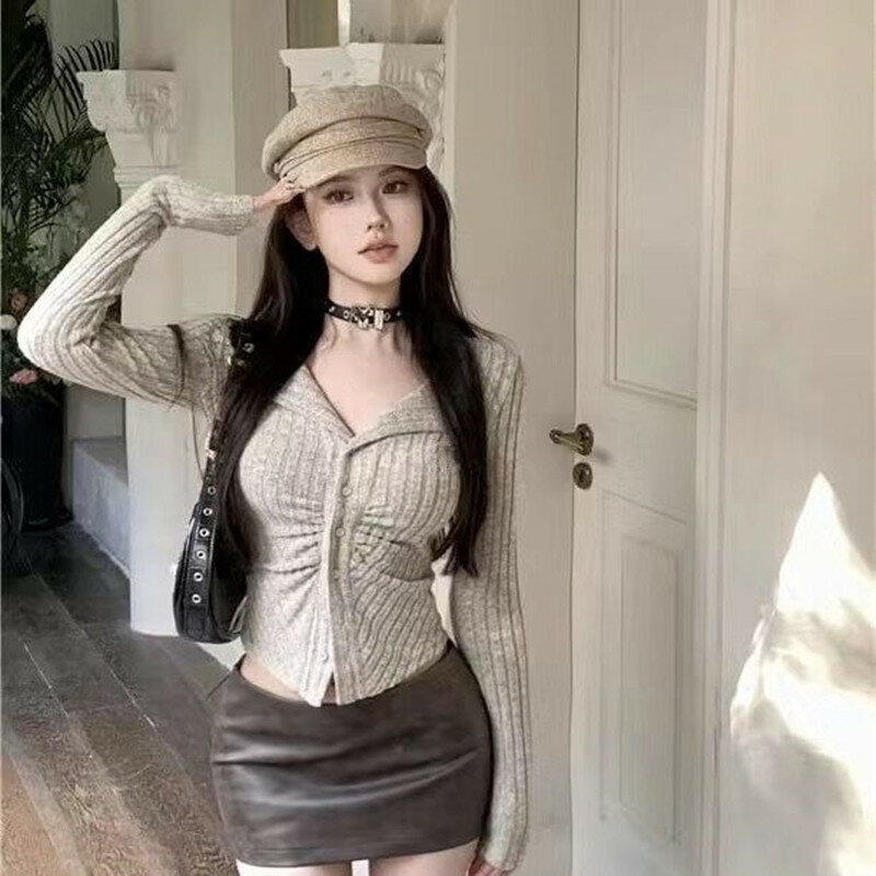 Spring Women V neck Solid Color Sweater Thin Knitwear