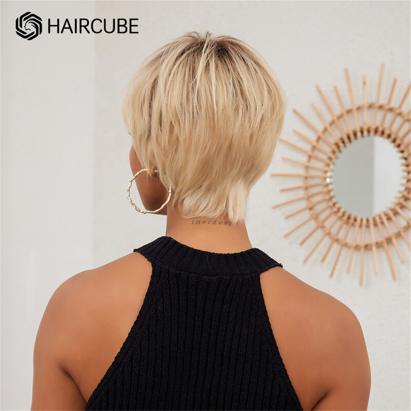 Lace Front Human Hair Wigs Short Pixie Cut Wigs with Bang Brown Layered Straight Bob Wig for Black Afro Women HD Transprent Lace