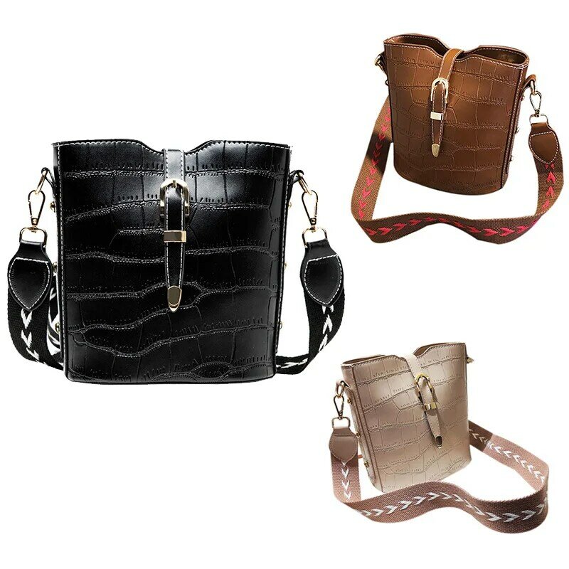 Crocodile Pattern PU Leather Bucket Bag Ladies Shoulder Messenger Bag Woven Leather Two Belt Ladies Handbag Purse