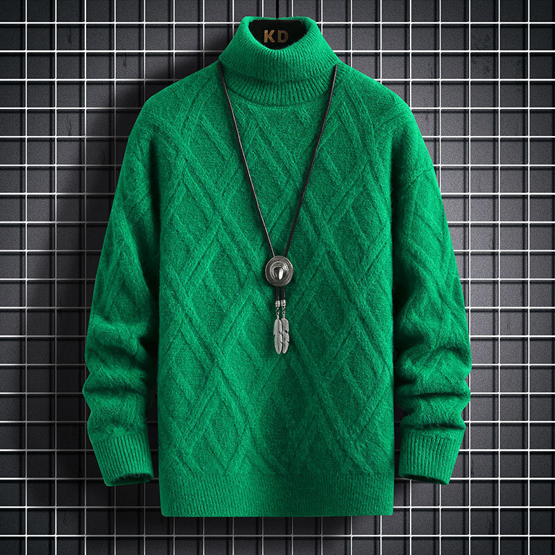 Pull tricoté chaud à col haut pour homme, vêtement d'hiver de haute qualité, couleur unie, Slim et décontracté, carreaux diamant