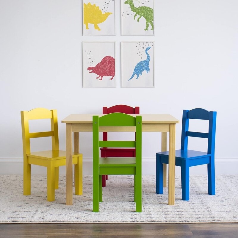 คอลเลคชั่นชุดโต๊ะไม้สำหรับเด็กและเก้าอี้4ตัวสีธรรมชาติ/สีหลัก