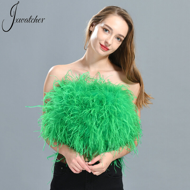 Jxwatcher Women's Ostrich Feather Top Bra Lady Stretch Strapless Underwear Natural Feather Tube Summer Party Wedding Cropped Top