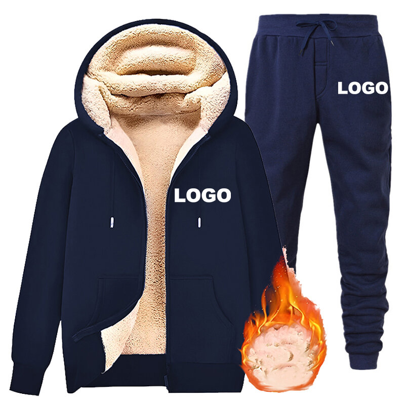 Warmes benutzer definiertes Logo-Set verdicken 2-teiliges Set Thermo jacken Mantel lässig lange Hosen Kapuzen pullover halten warme Hosen