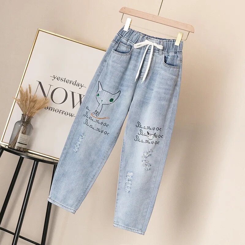 Cartoon Embroided Harem Jeans Womens Denim Pants Lace Up Spodnie Straight Ripped Vaqueros High Waist Cropped Pants Large Size