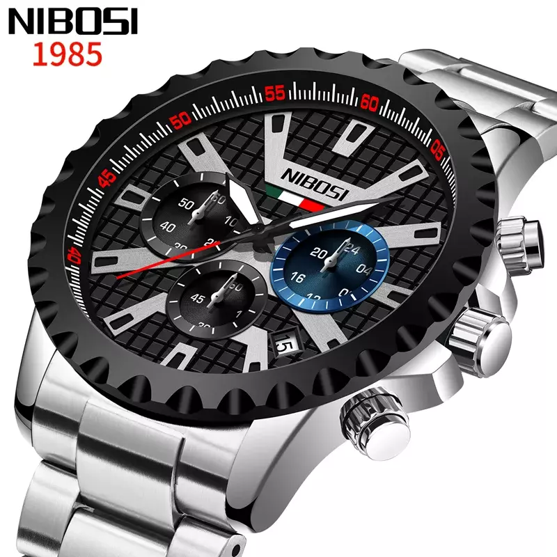 NIBOSI 2024 Top Brand Luxury Fashion Mens Watches Stainless Steel Chronograph Quartz Watch Men Sport Clock Relogio Masculino