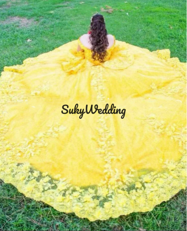 Vestidos de Quinceañera de princesa de color amarillo brillante, encaje Floral de cristal 3D, dulces 16 vestidos sin hombros, 15 quinceañeras