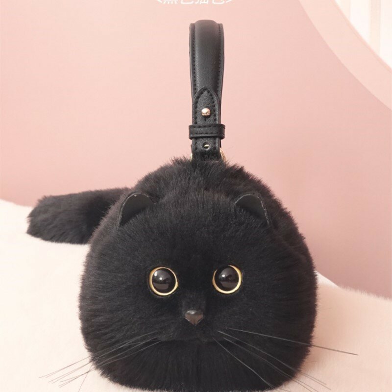 JIAERDI Lolita-Bolso de felpa con forma de gato para mujer, bolsa de mano suave, estilo Harajuku, Animal, Circular, Kawaii, negro