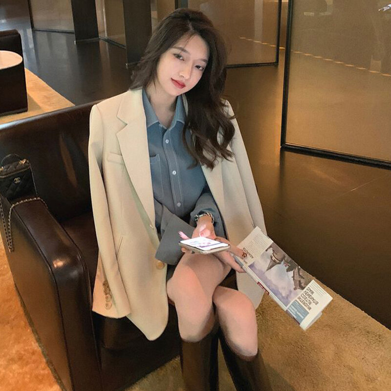 Jaket kerah Turndown wanita, Luaran lengan panjang kasual kantor bersaku Single Breasted Korea musim gugur