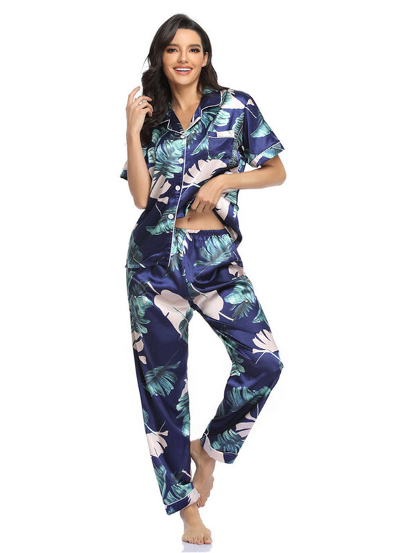 Conjunto de pijamas de manga curta feminino, pijamas de seda falsa, roupa caseira 2 peças, botões estampados, primavera, verão