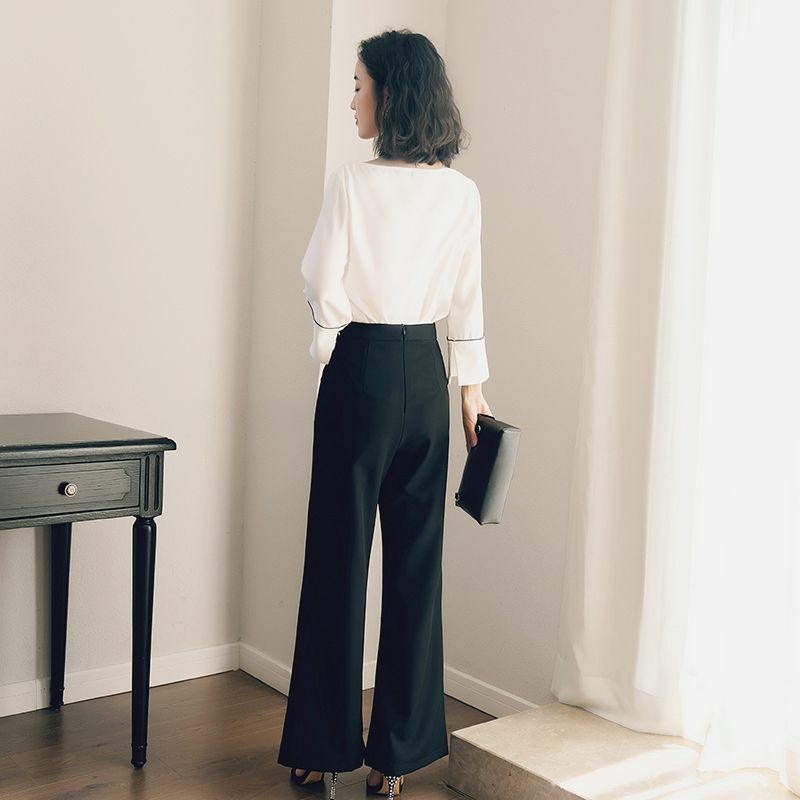 Anzug hohe Taille weibliche Hose mit weitem Bein einfache Mode Frühling Herbst schwarz einfarbig lässig Frauen q526