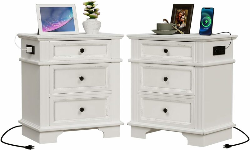 White Nightstand Set of 1 / 2, Night Stand with Charger Station, Wood Nightstand with Textured Drawers, Large Nightstand