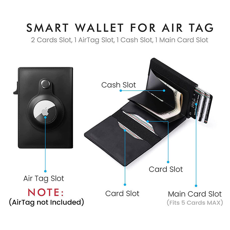 Smart Air Tag Wallet with RFID Slim Design Premium Crazy Horse Leather Pop Up Credit Card Holder Does Not Include Air Tag