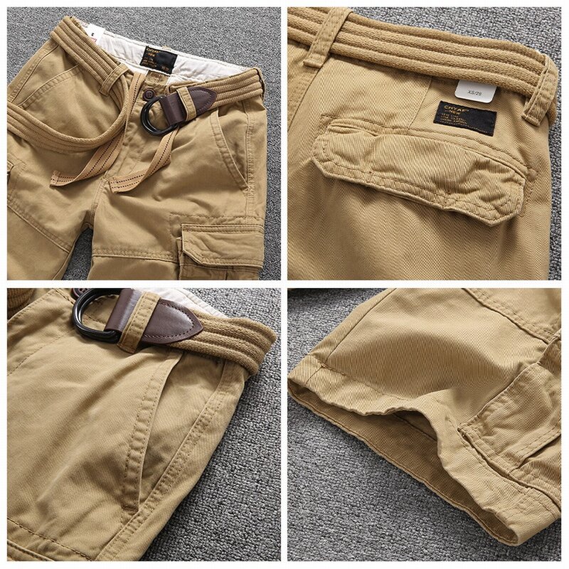 Amekaji-Short cargo camsalomon pour homme avec ceinture, pantalon longueur genou, poches multiples rétro, droit, 100% coton, été, Y2K Inaka