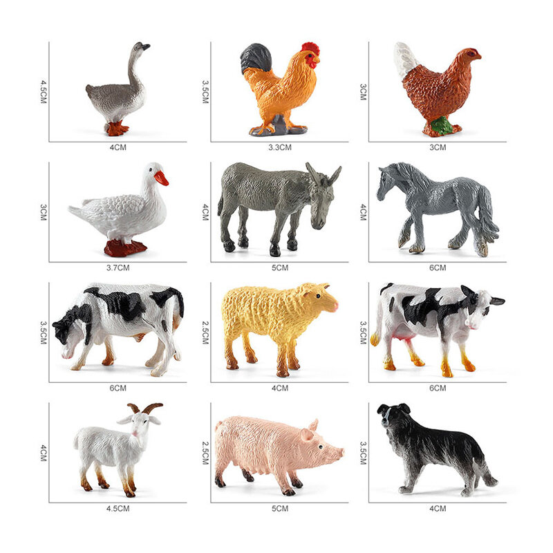12pcs Simulation Farm Poultry Wild Animals Action Figures Model Rooster Pig Cow Sheep Horse Goose Collie Mini Toy for Children