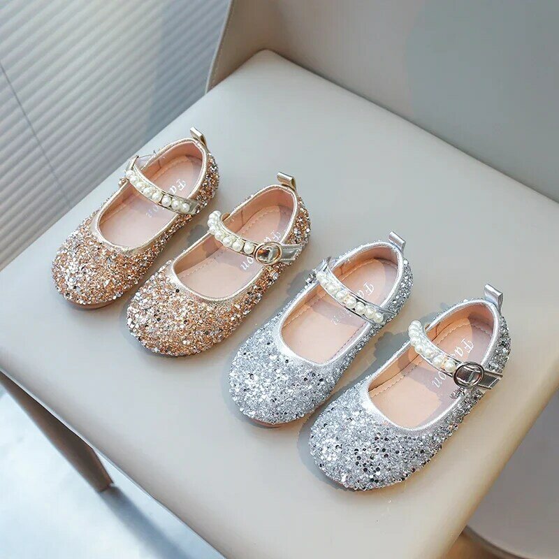 Zapatos con purpurina para niñas, medianas y grandes zapatos de cuero para niñas, zapatos de fiesta para niños, zapatos de boda con diamantes de imitación con perlas, zapatos planos de princesa