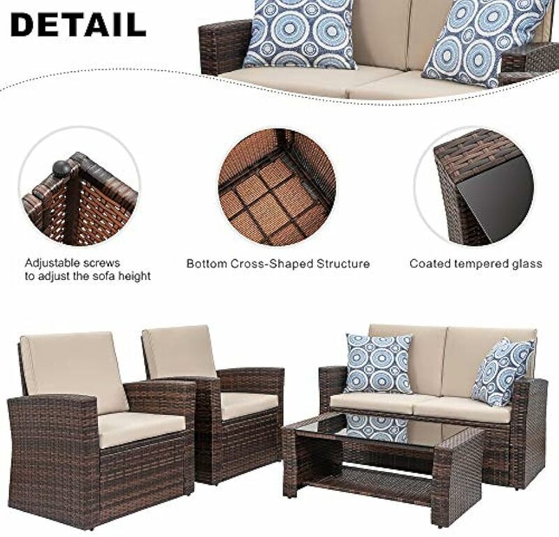 Soggiorno all'aperto di qualità, Set di mobili da giardino per esterni, Set di conversazione da 4 pezzi divano componibile in rattan di vimini con cuscini del sedile