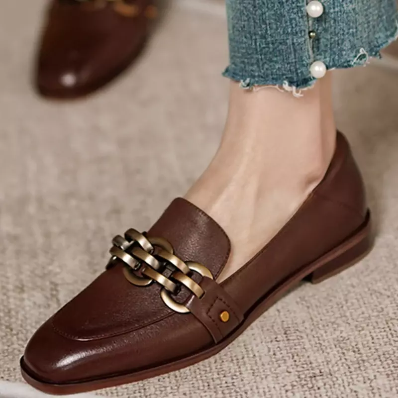 2023 New Women Chain Loafers 22-25cm Low Heels Genuine Leather Round Toe Slip on Loafers Ladies Cozy Casual Spring Shoes