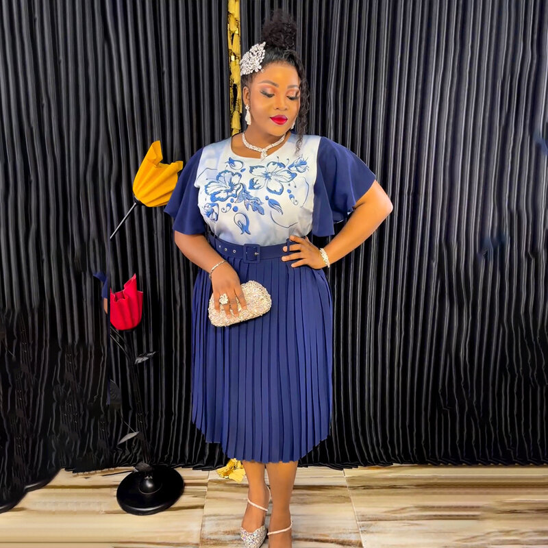 Gaun tradisional lipit elegan untuk wanita sabuk lengan pendek pinggang tinggi setengah Betis baju Midi kantor Afrika mewah Outifits baru