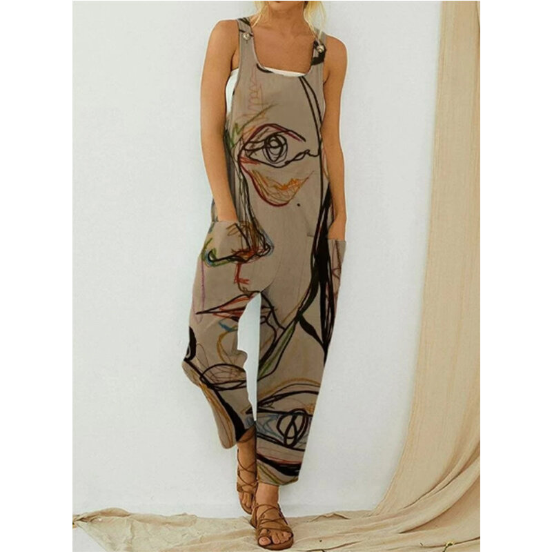 Women's Jumpsuits with Pockets Abstract Floral Print Bib Rompers Loose Trousers Suits Streetwear Vintage Fashion Casual Summer