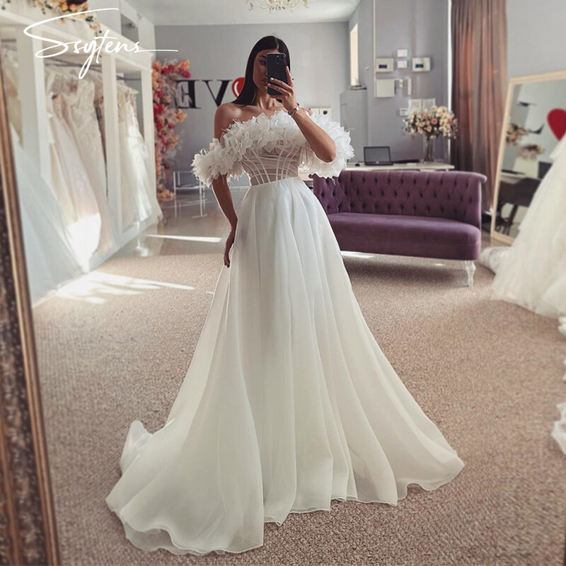 보헤미안 오프숄더 웨딩 드레스, 오간자 3D 플리츠 신부 가운, 긴 A 라인 베스티도 드 노비아 신부 원피스, 2024