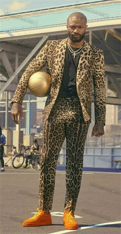 Мужской бархатный костюм из двух предметов, блейзер и брюки с леопардовым принтом