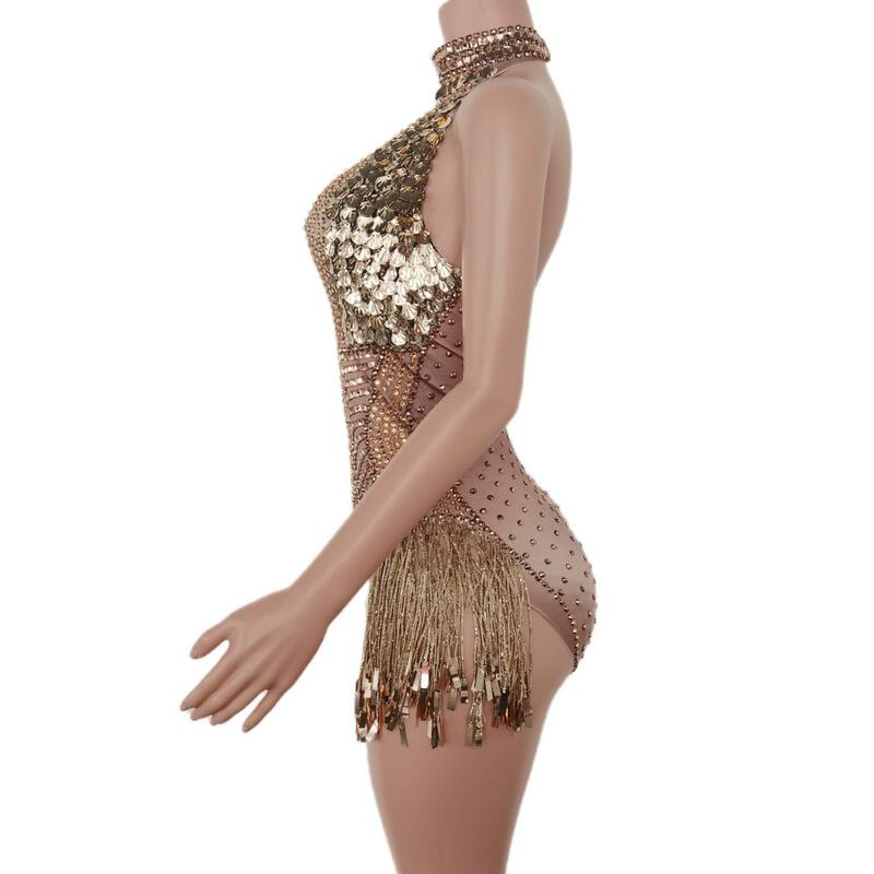 Vestito da discoteca Sexy scollo a V profondo paillettes body per le donne Sparkly strass body Dance Costume Stage Wear Performance