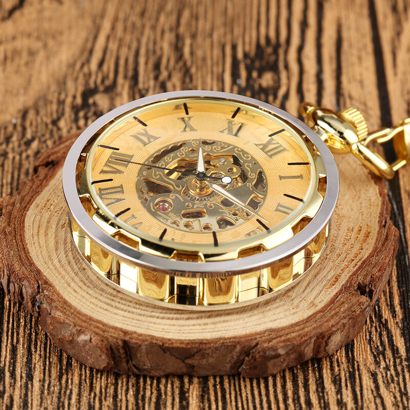 Montre mécanique de poche transparente en argent et or pour hommes, horloge avec chaîne de poche dorée, pendentif avec affichage de chiffres romains