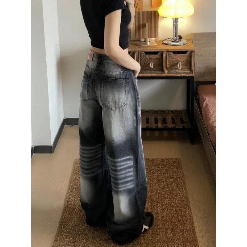 Celana Denim kaki lebar wanita, celana Denim Harajuku Y2k, Jeans Vintage ukuran besar, lurus, pinggang tinggi, pakaian jalanan Musim Semi