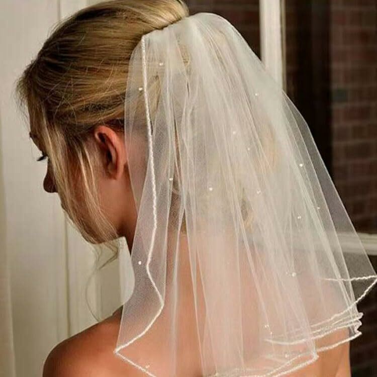 Welon ślubny Perłowy ślubny biały tiulowy welon Krótkie białe akcesoria ślubne dla kobiet i nastoletnich dziewcząt