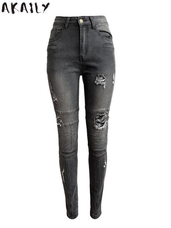 Akaily, зимняя уличная одежда, черные джинсы с дырками, Клубные наряды для женщин 2023, длинные узкие брюки с высокой талией, женские модные джинсовые брюки