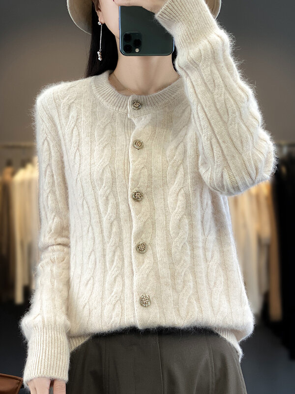 Suéter de caxemira de vison puro feminino, cardigã de malha com o pescoço, tops soltos de manga comprida, jaqueta grossa, flor torção, outono inverno, 2022
